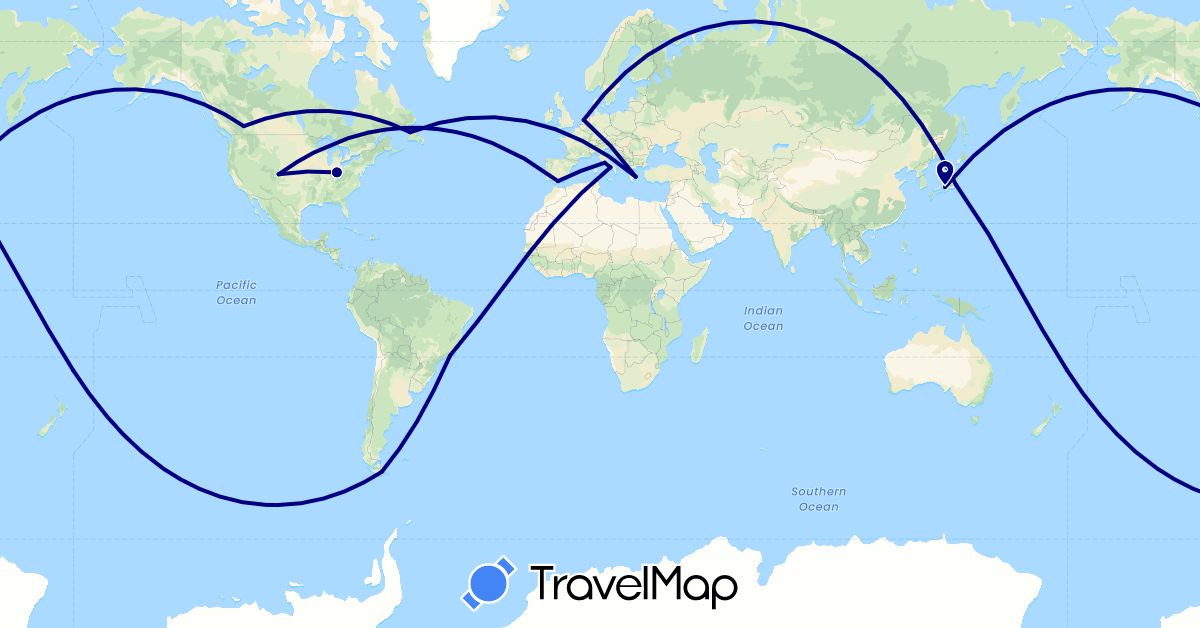 TravelMap itinerary: driving in Argentina, Brazil, Canada, Spain, Greece, Italy, Japan, Netherlands, United States (Asia, Europe, North America, South America)